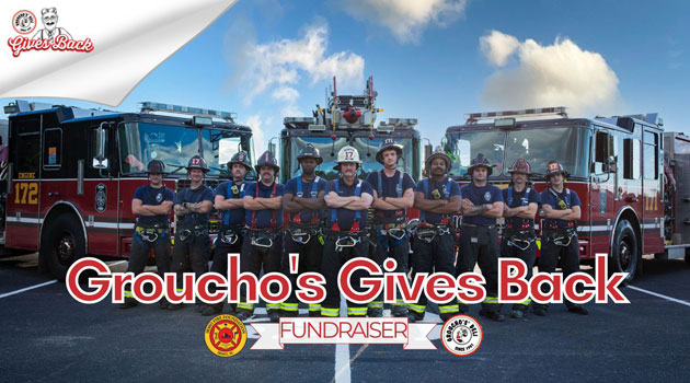 Irmo Firefighters in front of their trucks. Groucho's Gives Back graphic.