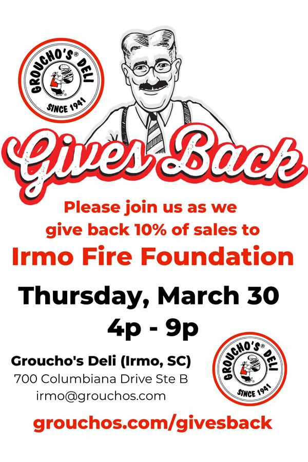 Groucho's Gives Back to the Irmo Fire Foundation flyer. 